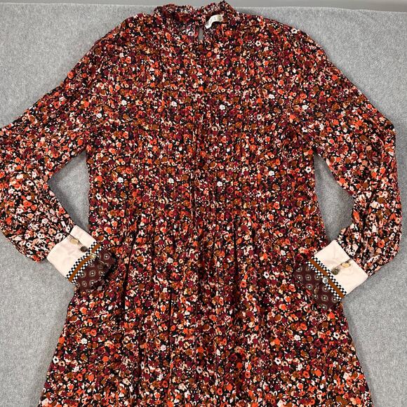 Marie Oliver Catie Midi Dress Size Small Silk Floral Long Sleeve High Neck Pleat - Picture 3 of 13